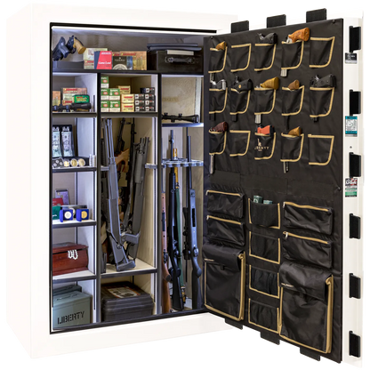 Liberty Classic Select safe interior with fully upholstered 6-in-1 Flex™ adjustable interior, premium door storage panel, adjustable shelving, and long gun storage