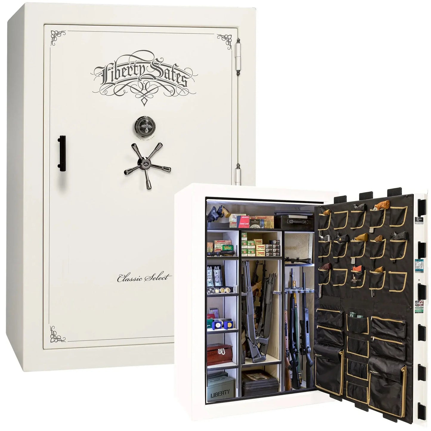 Liberty Classic Select Safe in White Gloss with Black Chrome hardware and mechanical dial lock