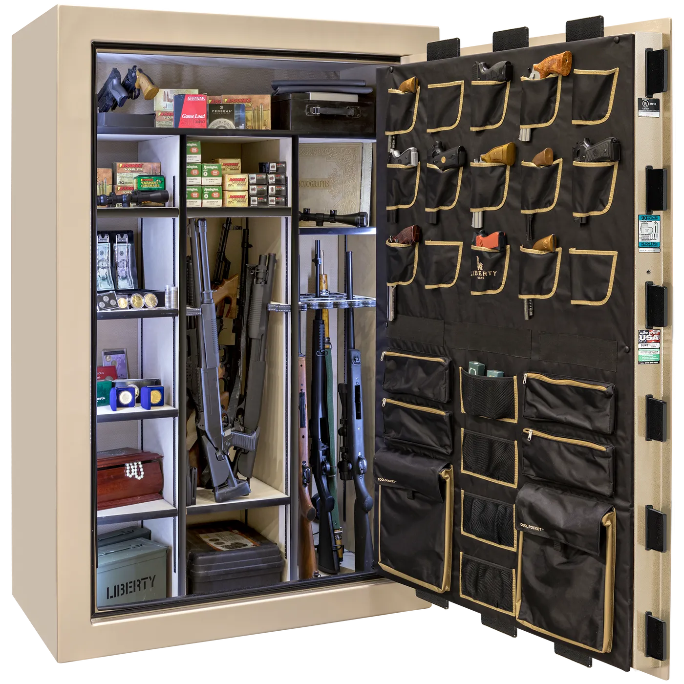 Liberty Classic Select safe interior with fully upholstered 6-in-1 Flex™ adjustable interior, premium door storage panel, adjustable shelving, and long gun storage
