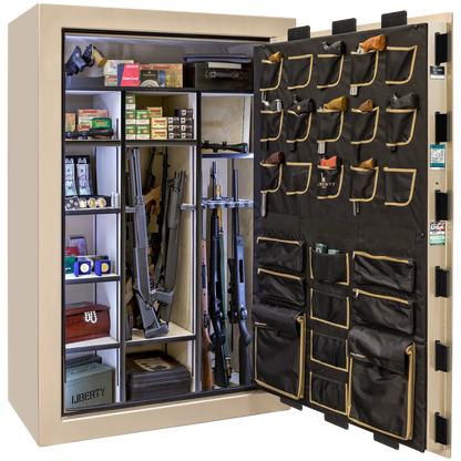 Liberty Classic Select safe interior with fully upholstered 6-in-1 Flex™ adjustable interior, premium door storage panel, adjustable shelving, and long gun storage