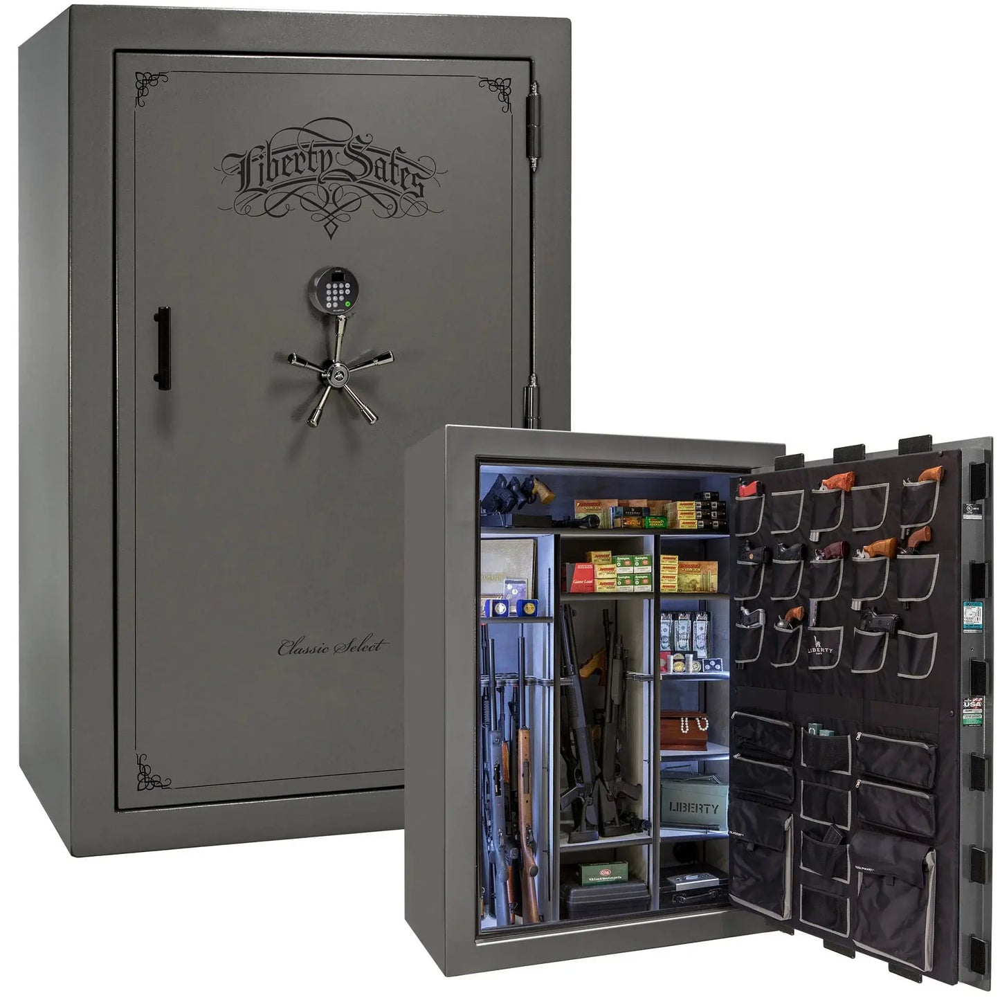 Liberty Classic Select Safe in Gray Gloss with Black Chrome hardware and Dormakaba 702D electronic lock