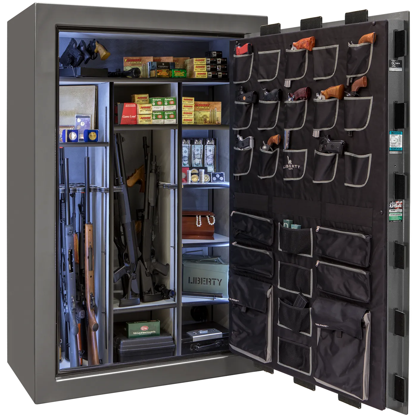 Liberty Classic Select safe interior with fully upholstered 6-in-1 Flex™ adjustable interior, premium door storage panel, adjustable shelving, and long gun storage