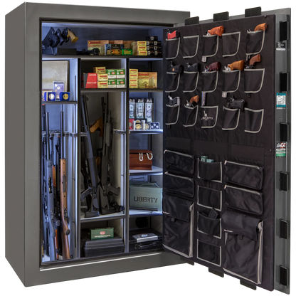 Liberty Classic Select safe interior with fully upholstered 6-in-1 Flex™ adjustable interior, premium door storage panel, adjustable shelving, and long gun storage