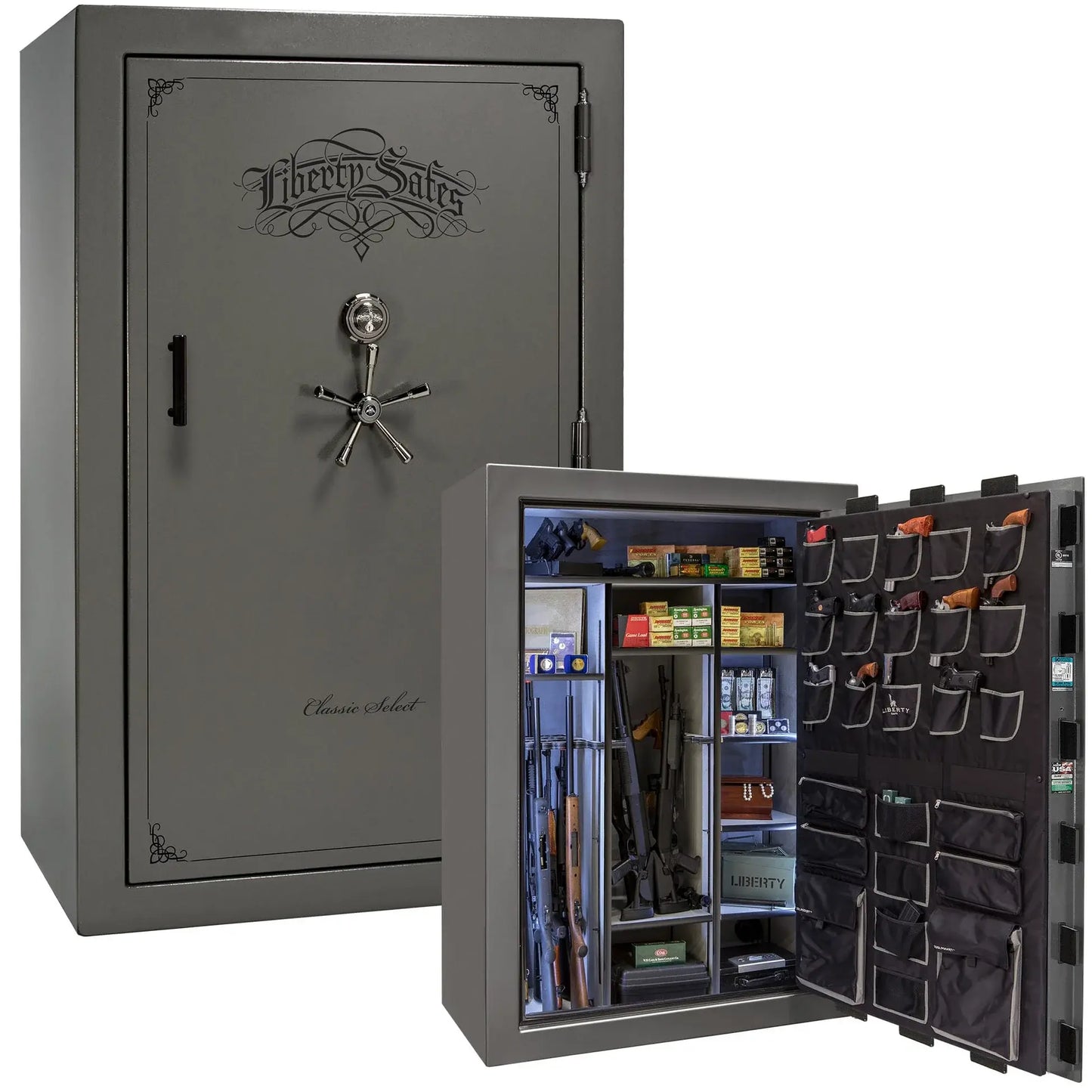 Liberty Classic Select Safe in Gray Gloss with Black Chrome hardware and mechanical dial lock