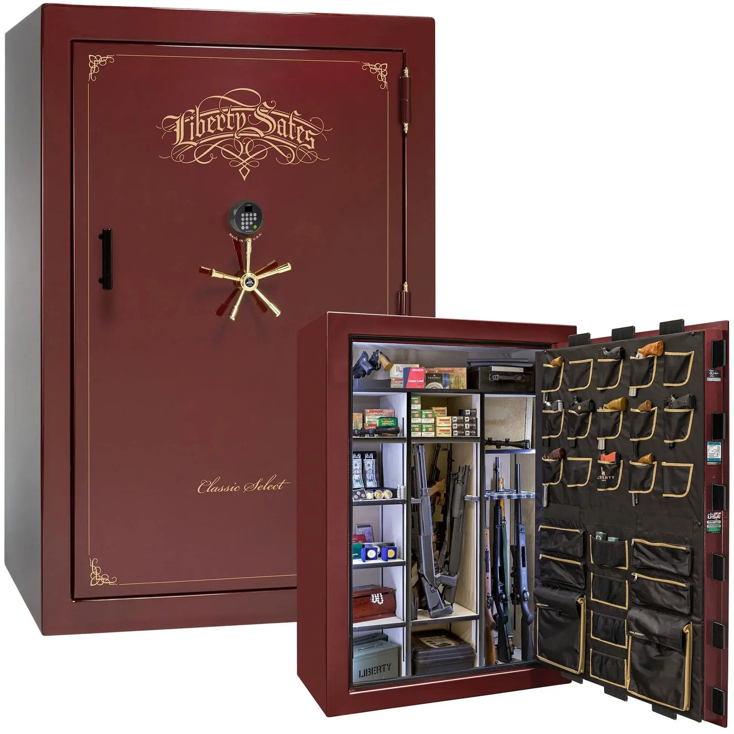 Liberty Classic Select Safe in Burgundy Gloss with Brass hardware and Dormakaba 702D electronic lock