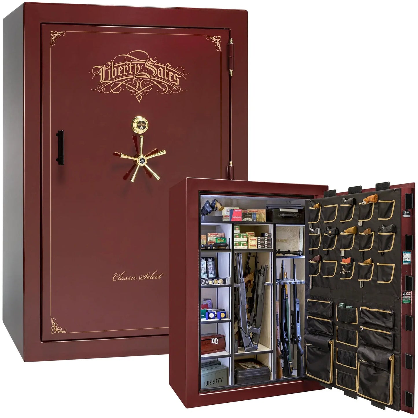 Liberty Classic Select Safe in Burgundy Gloss with Brass hardware and mechanical dial lock