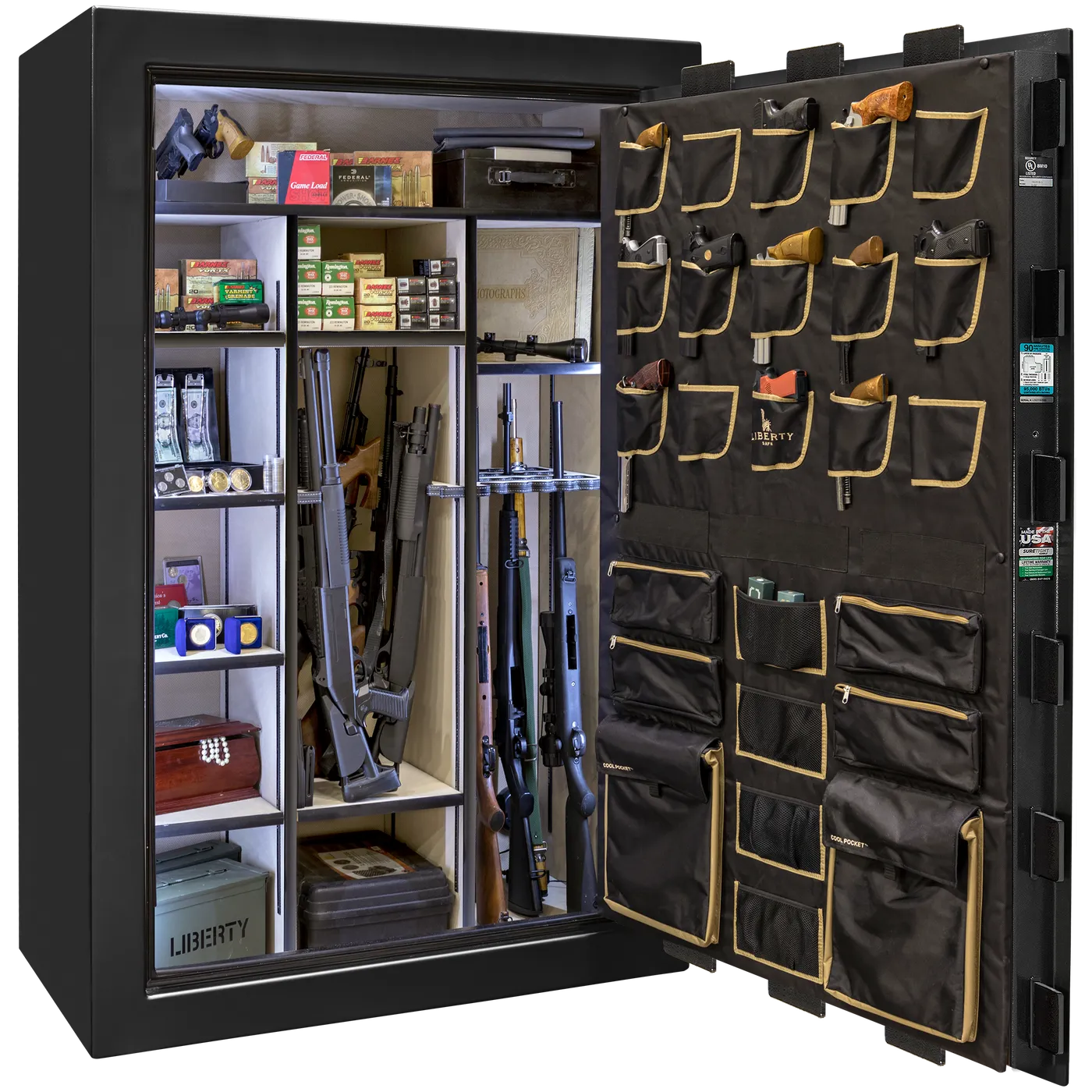 Liberty Classic Select safe interior with fully upholstered 6-in-1 Flex™ adjustable interior, premium door storage panel, adjustable shelving, and long gun storage