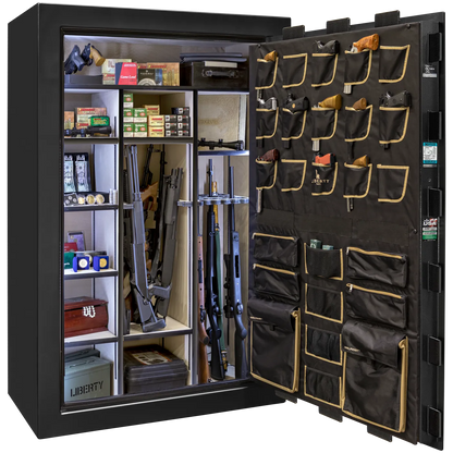 Liberty Classic Select safe interior with fully upholstered 6-in-1 Flex™ adjustable interior, premium door storage panel, adjustable shelving, and long gun storage