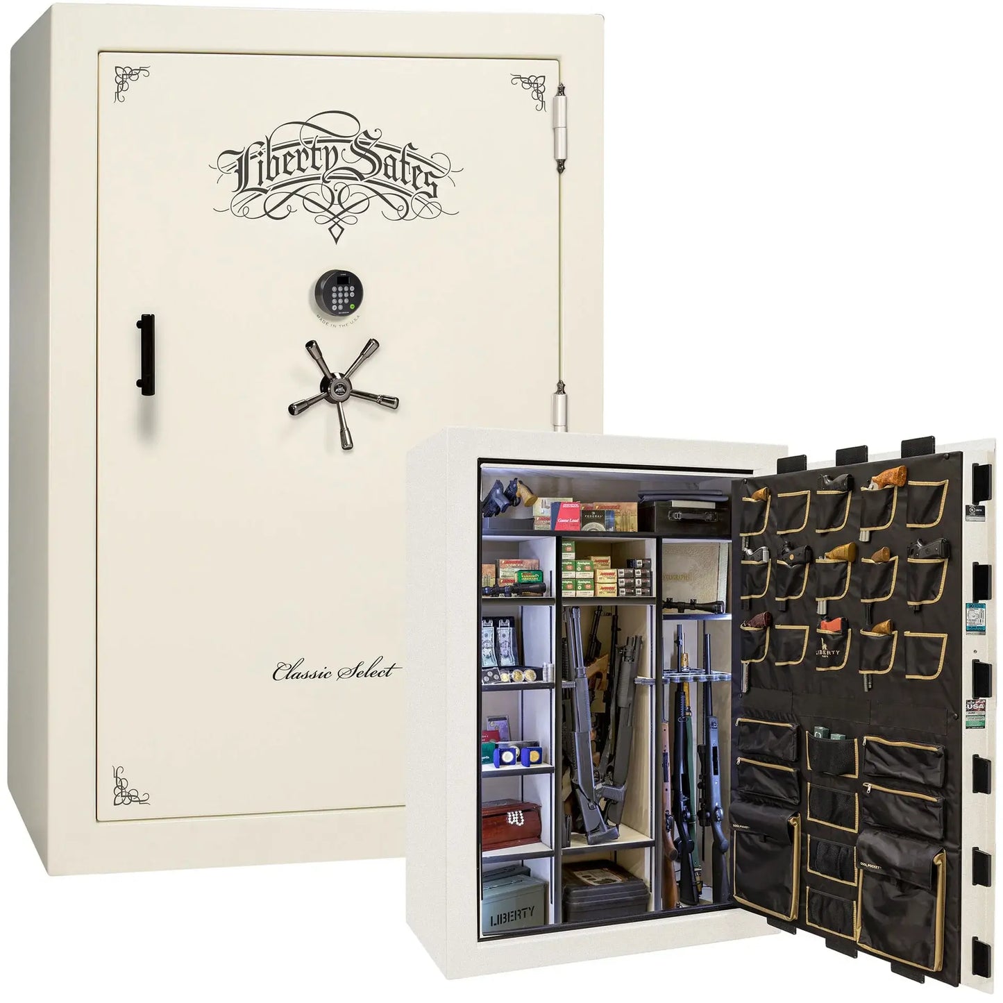 Liberty Classic Select Safe in White Marble with Black Chrome hardware and Dormakaba 702D electronic lock