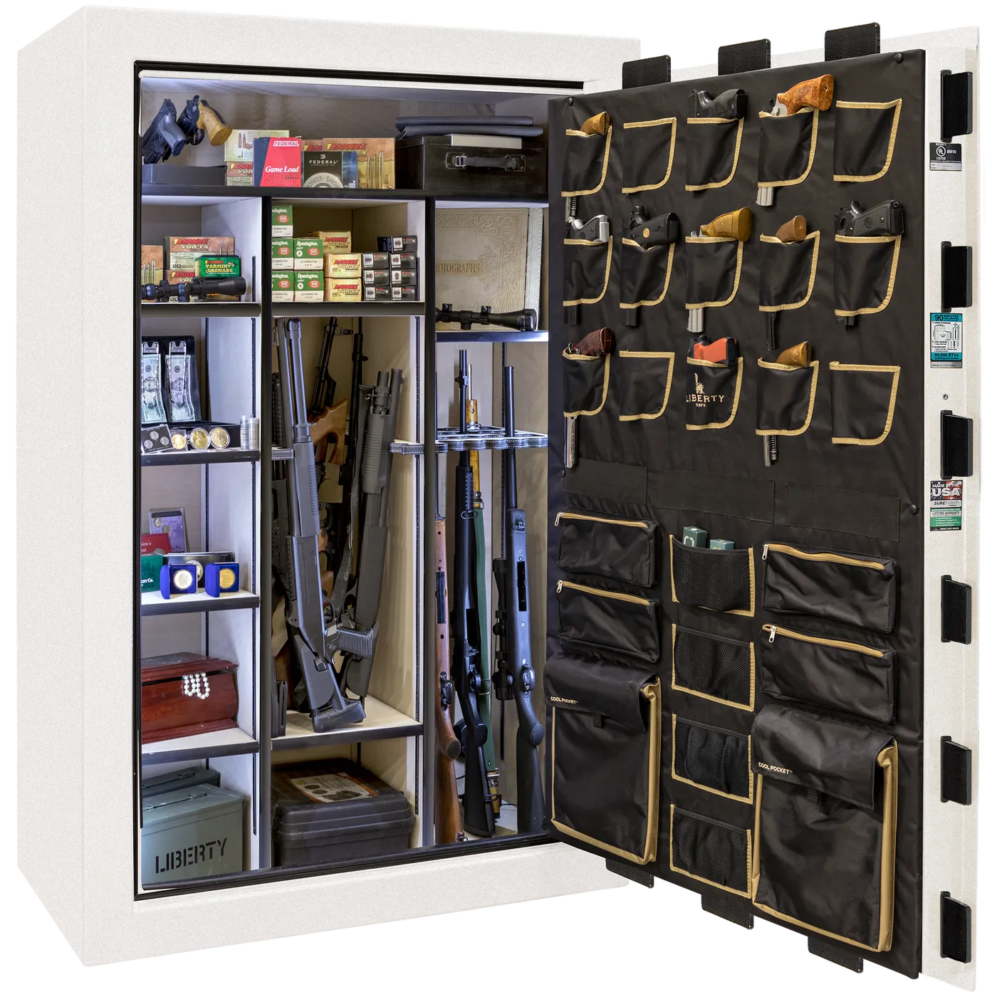 Liberty Classic Select safe interior with fully upholstered 6-in-1 Flex™ adjustable interior, premium door storage panel, adjustable shelving, and long gun storage
