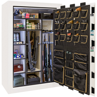 Liberty Classic Select safe interior with fully upholstered 6-in-1 Flex™ adjustable interior, premium door storage panel, adjustable shelving, and long gun storage