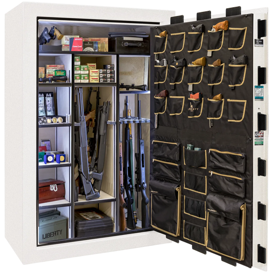 Liberty Classic Select safe interior with fully upholstered 6-in-1 Flex™ adjustable interior, premium door storage panel, adjustable shelving, and long gun storage