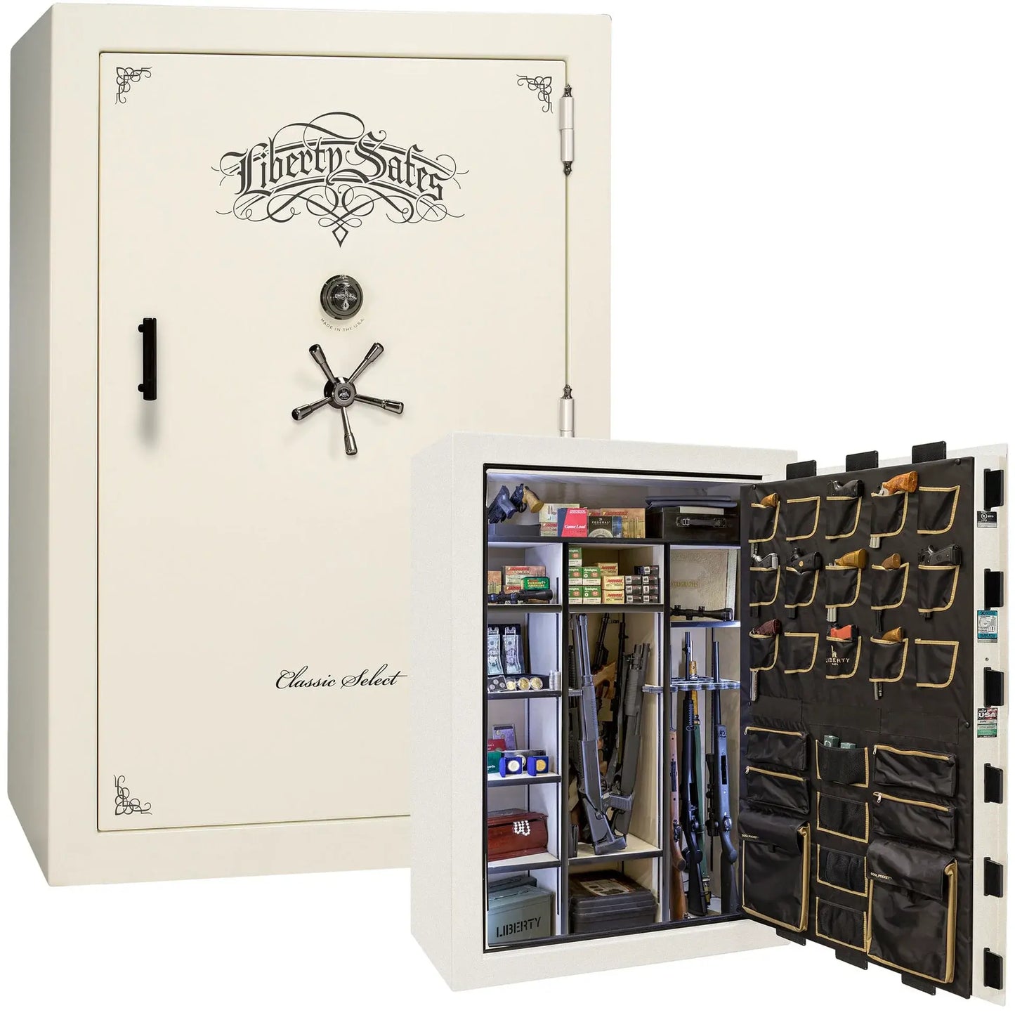 Liberty Classic Select Safe in White Marble with Black Chrome hardware and mechanical dial lock