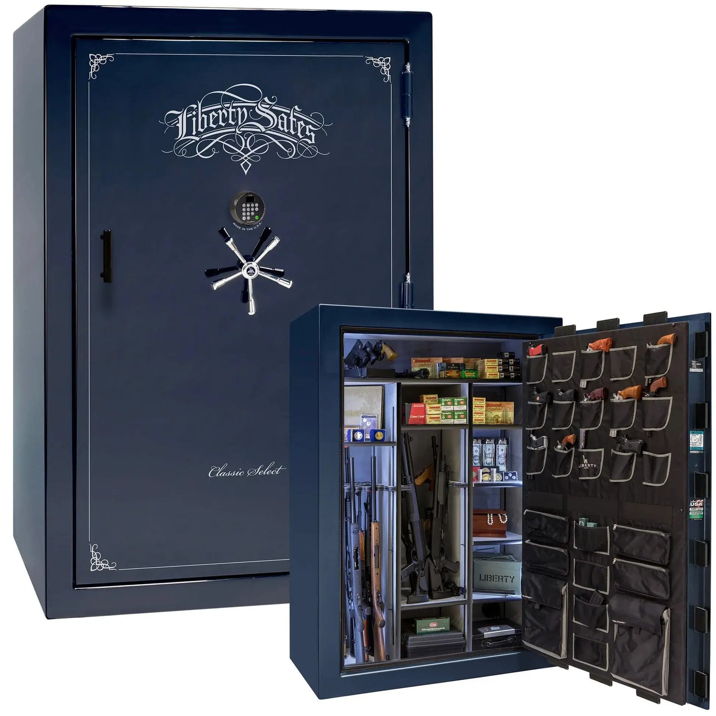 Liberty Classic Select Safe in Blue Gloss with Chrome hardware and Dormakaba 702D electronic lock