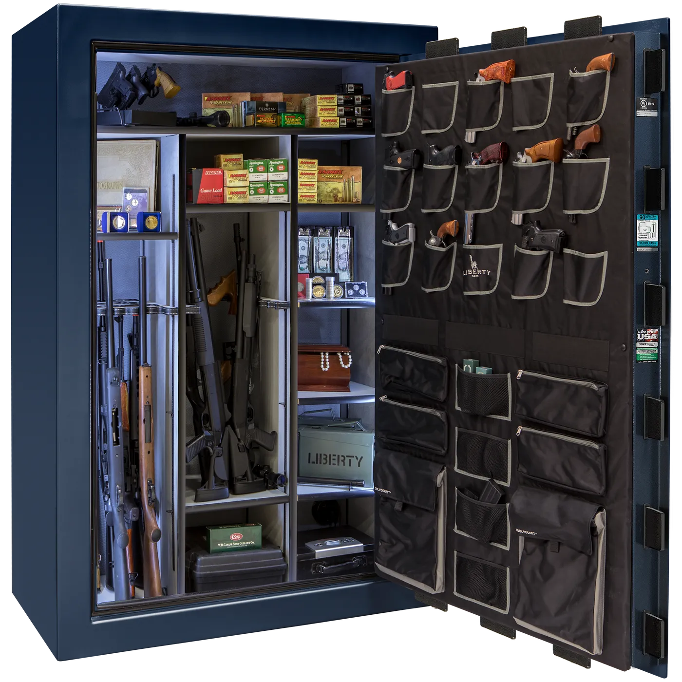 Liberty Classic Select safe interior with fully upholstered 6-in-1 Flex™ adjustable interior, premium door storage panel, adjustable shelving, and long gun storage