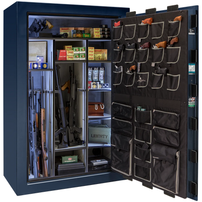 Liberty Classic Select safe interior with fully upholstered 6-in-1 Flex™ adjustable interior, premium door storage panel, adjustable shelving, and long gun storage