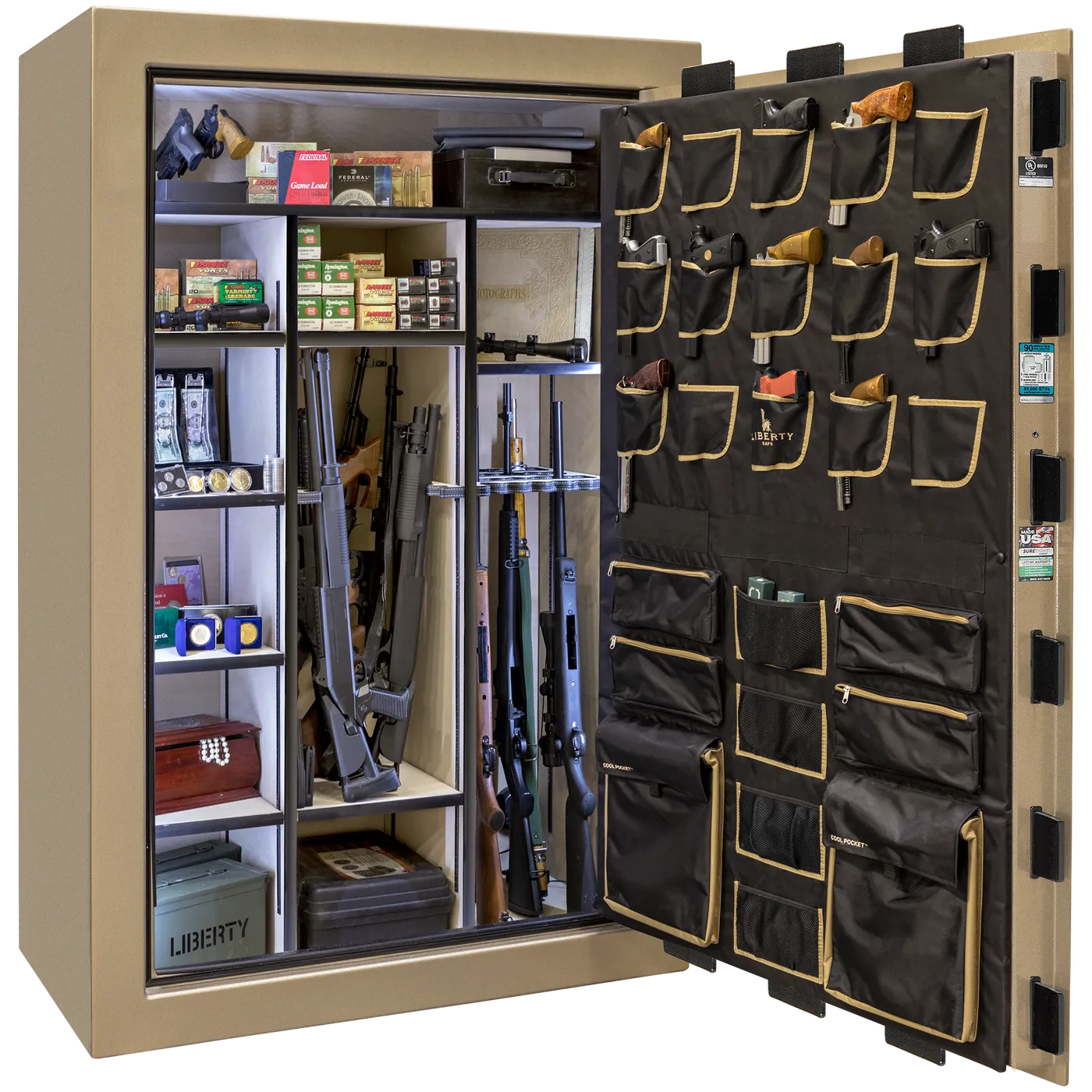 Liberty Classic Select safe interior with fully upholstered 6-in-1 Flex™ adjustable interior, premium door storage panel, adjustable shelving, and long gun storage