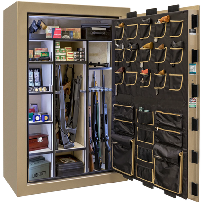 Liberty Classic Select safe interior with fully upholstered 6-in-1 Flex™ adjustable interior, premium door storage panel, adjustable shelving, and long gun storage