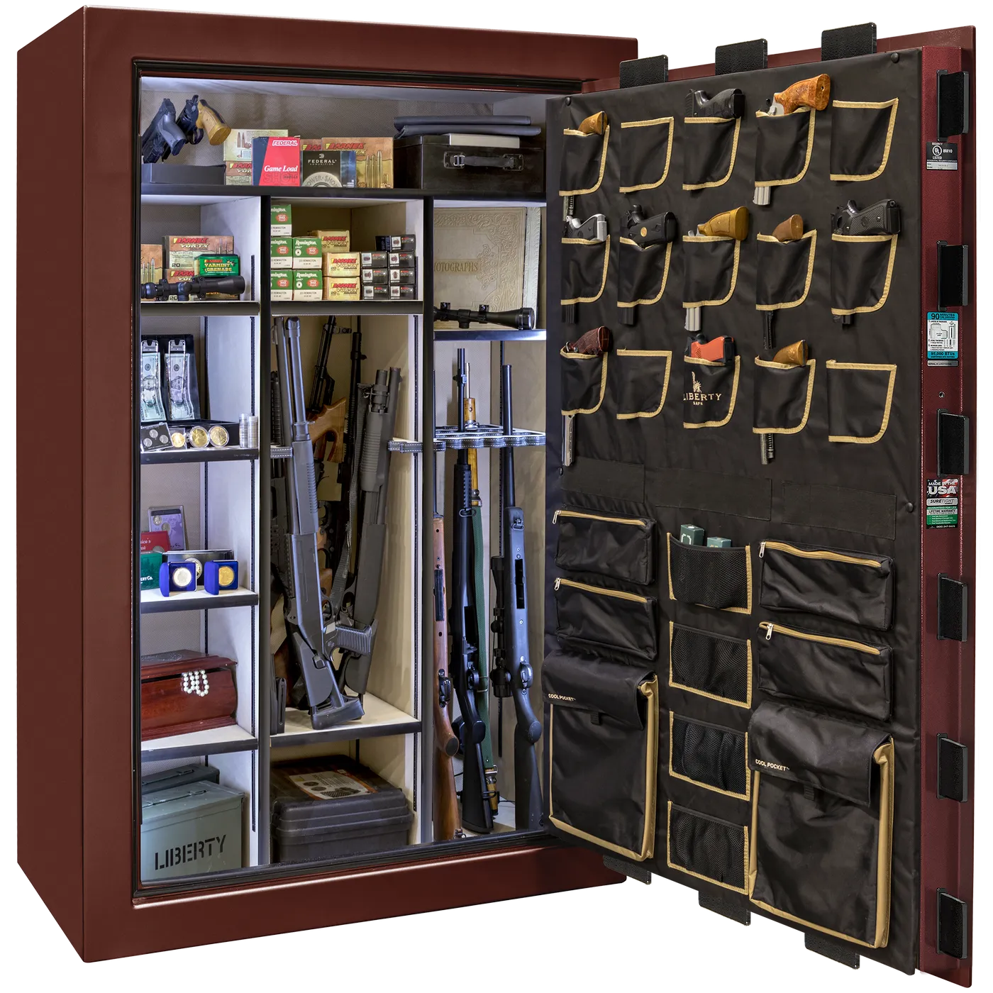 Liberty Classic Select safe interior with fully upholstered 6-in-1 Flex™ adjustable interior, premium door storage panel, adjustable shelving, and long gun storage