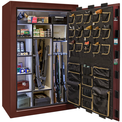 Liberty Classic Select safe interior with fully upholstered 6-in-1 Flex™ adjustable interior, premium door storage panel, adjustable shelving, and long gun storage