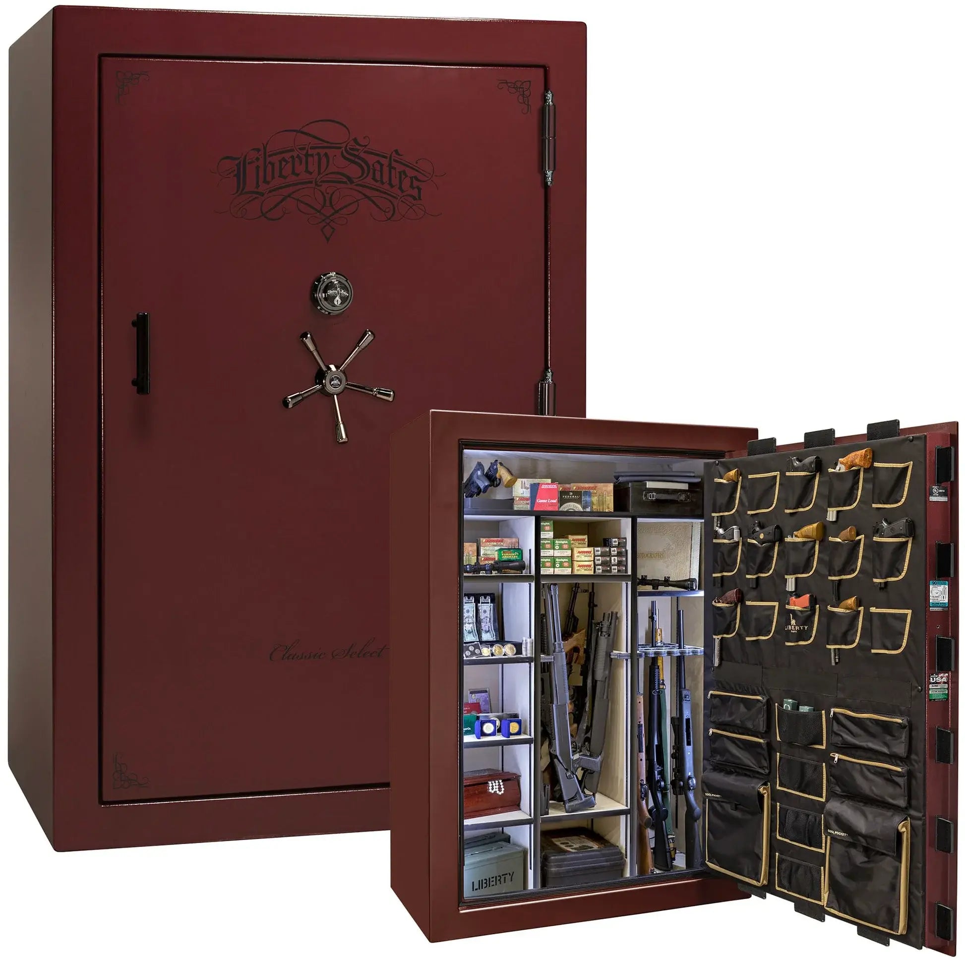 Liberty Classic Select Safe in Burgundy Marble with Black Chrome hardware and mechanical dial lock