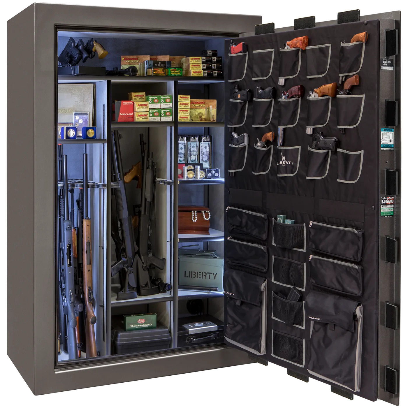 Liberty Classic Select safe interior with fully upholstered 6-in-1 Flex™ adjustable interior, premium door storage panel, adjustable shelving, and long gun storage