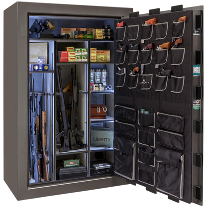 Liberty Classic Select safe interior with fully upholstered 6-in-1 Flex™ adjustable interior, premium door storage panel, adjustable shelving, and long gun storage