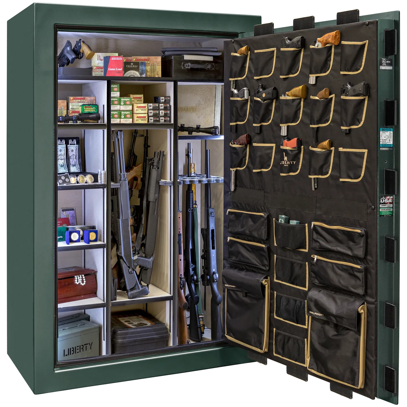 Liberty Classic Select safe interior with fully upholstered 6-in-1 Flex™ adjustable interior, premium door storage panel, adjustable shelving, and long gun storage