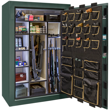 Liberty Classic Select safe interior with fully upholstered 6-in-1 Flex™ adjustable interior, premium door storage panel, adjustable shelving, and long gun storage
