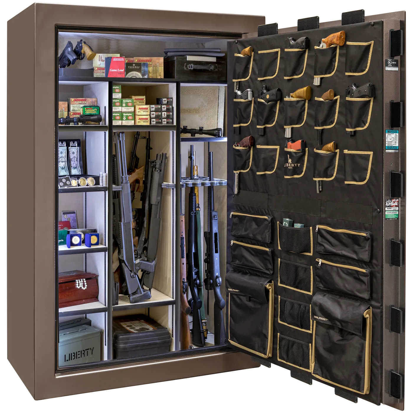 Liberty Classic Select safe interior with fully upholstered 6-in-1 Flex™ adjustable interior, premium door storage panel, adjustable shelving, and long gun storage