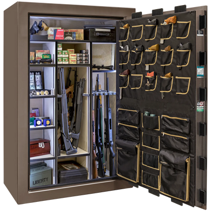 Liberty Classic Select safe interior with fully upholstered 6-in-1 Flex™ adjustable interior, premium door storage panel, adjustable shelving, and long gun storage