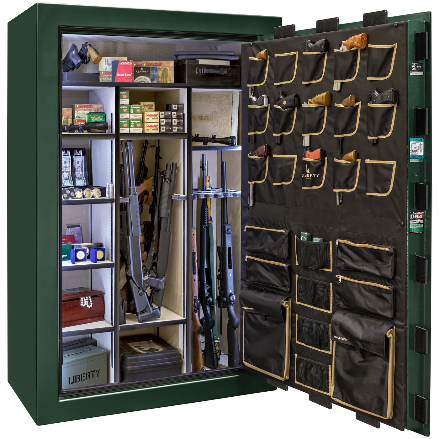 Liberty Classic Select safe interior with fully upholstered 6-in-1 Flex™ adjustable interior, premium door storage panel, adjustable shelving, and long gun storage