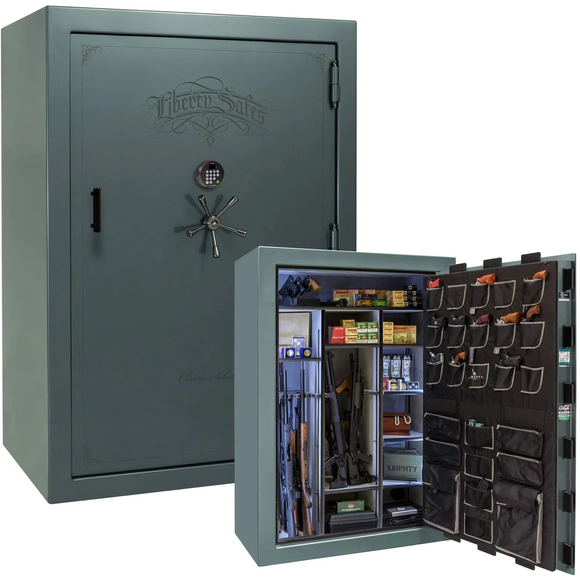 Liberty Classic Select Safe in Forest Mist Gloss with Black Chrome hardware and Dormakaba 702D electronic lock