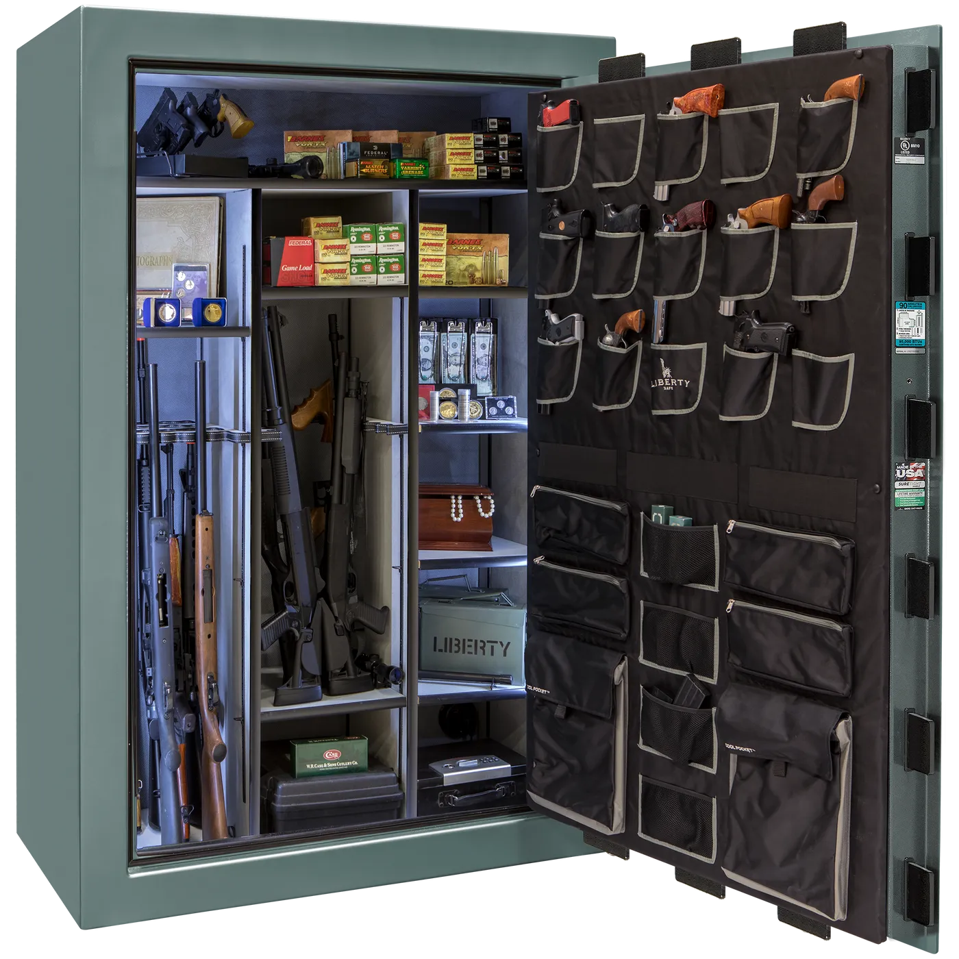 Liberty Classic Select safe interior with fully upholstered 6-in-1 Flex™ adjustable interior, premium door storage panel, adjustable shelving, and long gun storage