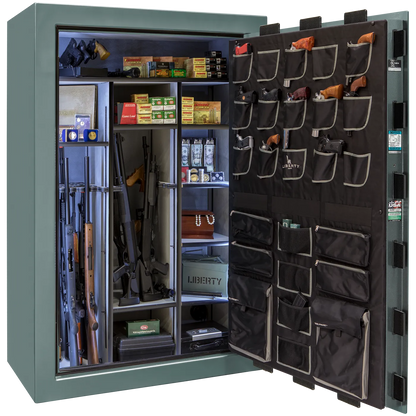 Liberty Classic Select safe interior with fully upholstered 6-in-1 Flex™ adjustable interior, premium door storage panel, adjustable shelving, and long gun storage