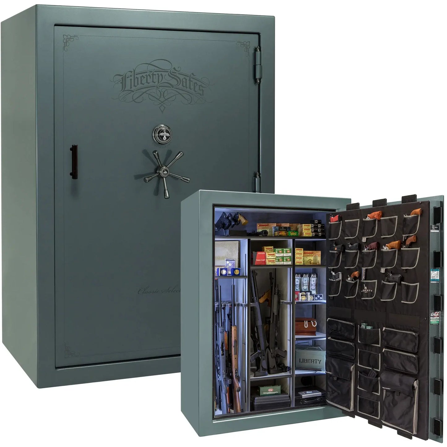 Liberty Classic Select Safe in Forest Mist Gloss with Black Chrome hardware and mechanical dial lock