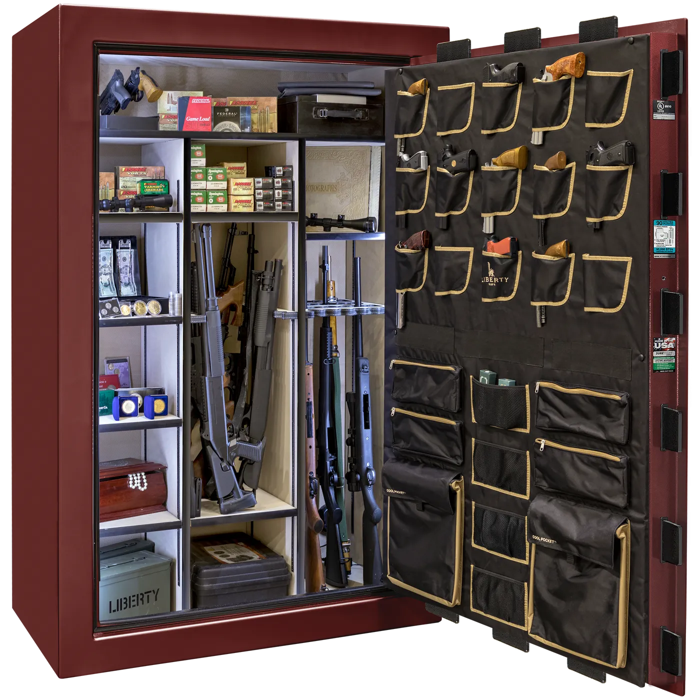 Liberty Classic Select safe interior with fully upholstered 6-in-1 Flex™ adjustable interior, premium door storage panel, adjustable shelving, and long gun storage
