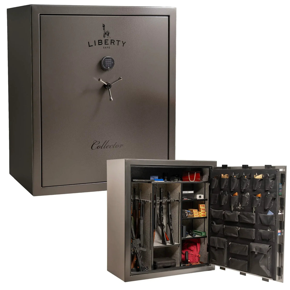 Liberty Collector gun safe in Gray Marble with S&G Electronic Lock, exterior and interior view.