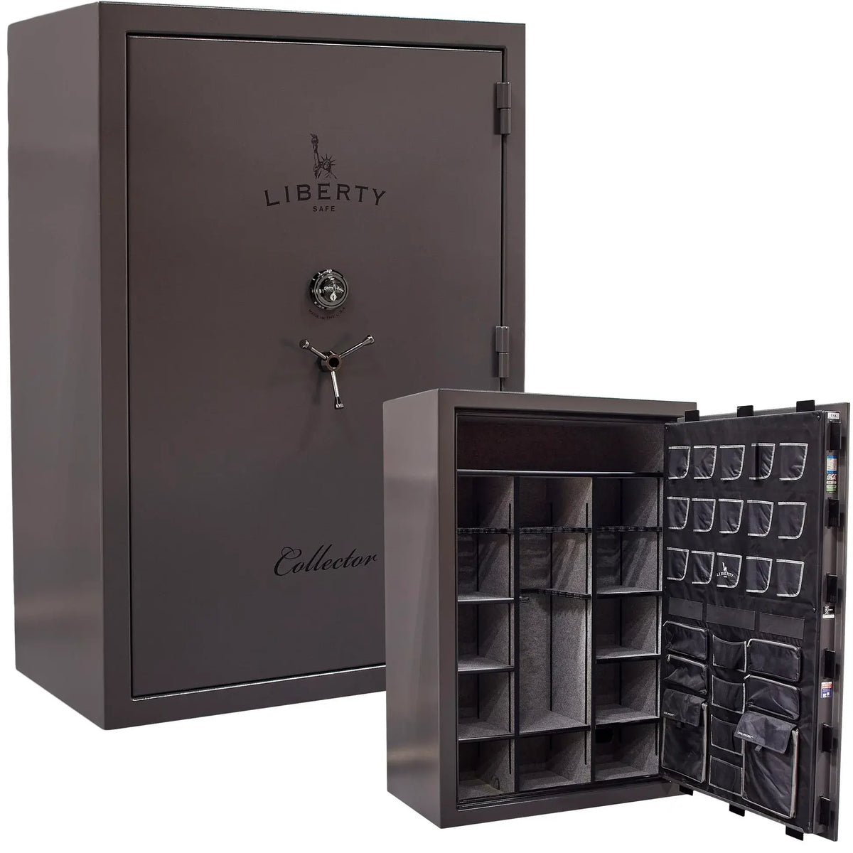 Liberty Collector T gun safe in Gray Marble with Mechanical Dial Lock, exterior and interior view.