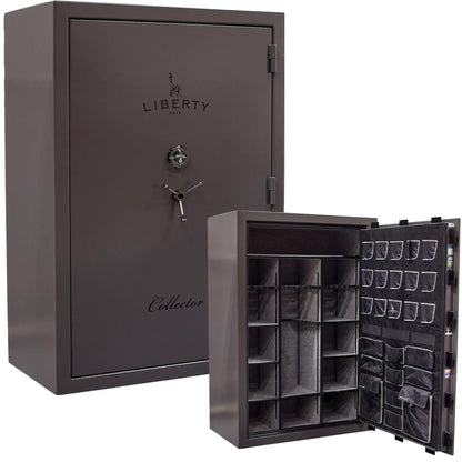 Liberty Collector T gun safe in Gray Marble with Mechanical Dial Lock, exterior and interior view.