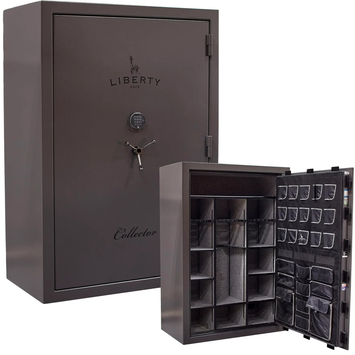 Liberty Collector T gun safe in Gray Marble with S&G Electronic Lock, exterior and interior view.