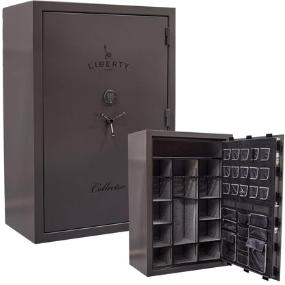 Liberty Collector T gun safe in Gray Marble with S&G Electronic Lock, exterior and interior view.