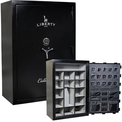 Liberty Collector T gun safe in Textured Black with S&G Electronic Lock, exterior and interior view.