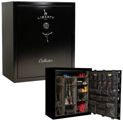 Liberty Collector gun safe in Textured Black with S&G Electronic Lock, exterior and interior view.