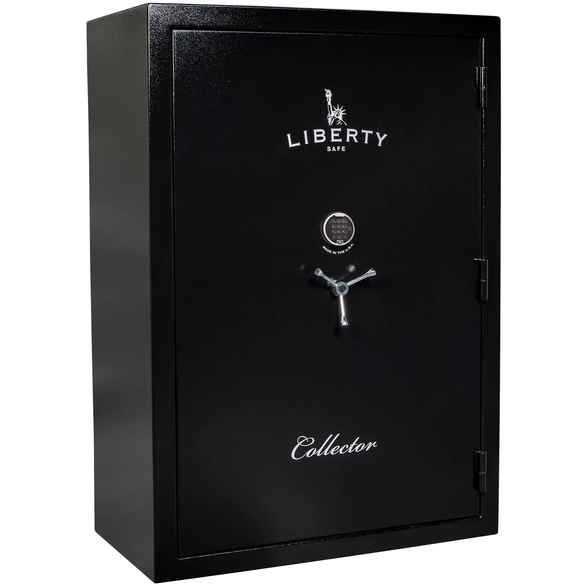 Liberty Collector T gun safe in Textured Black with S&G Electronic Lock, exterior and interior view.