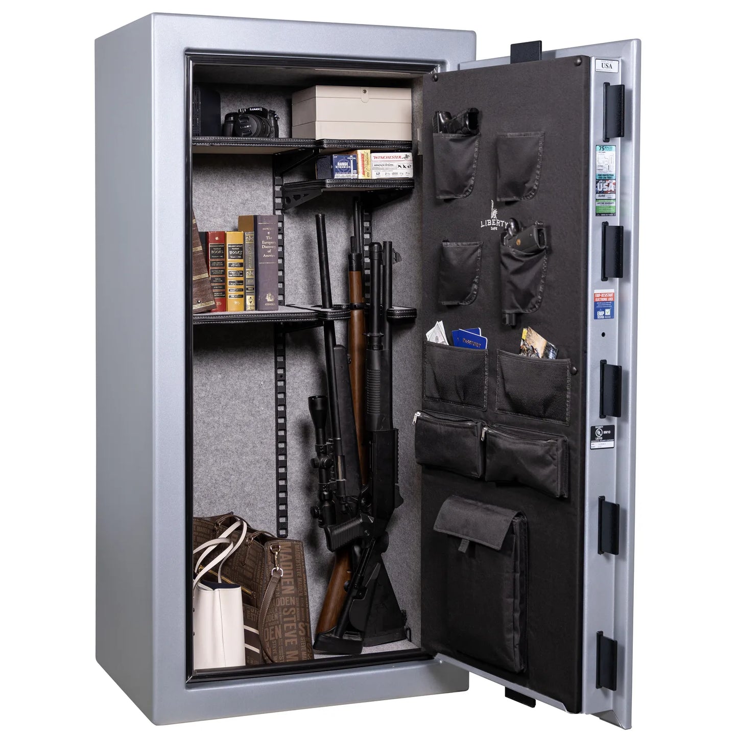 Liberty Colonial 23 gun safe in Glacial Steel, Pro Flex interior - loaded