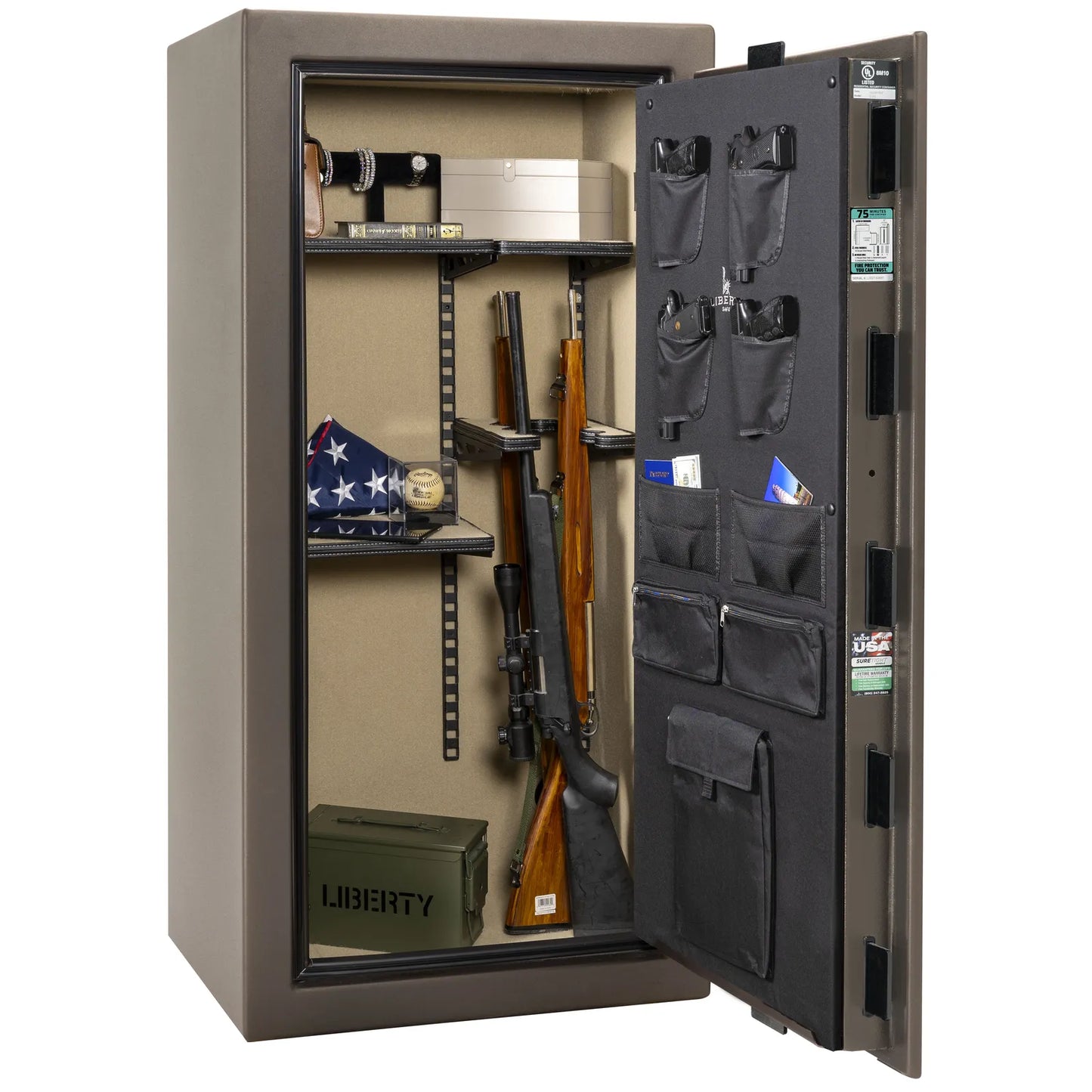Liberty Colonial 23 gun safe in Textured Bronze, Pro Flex interior - loaded