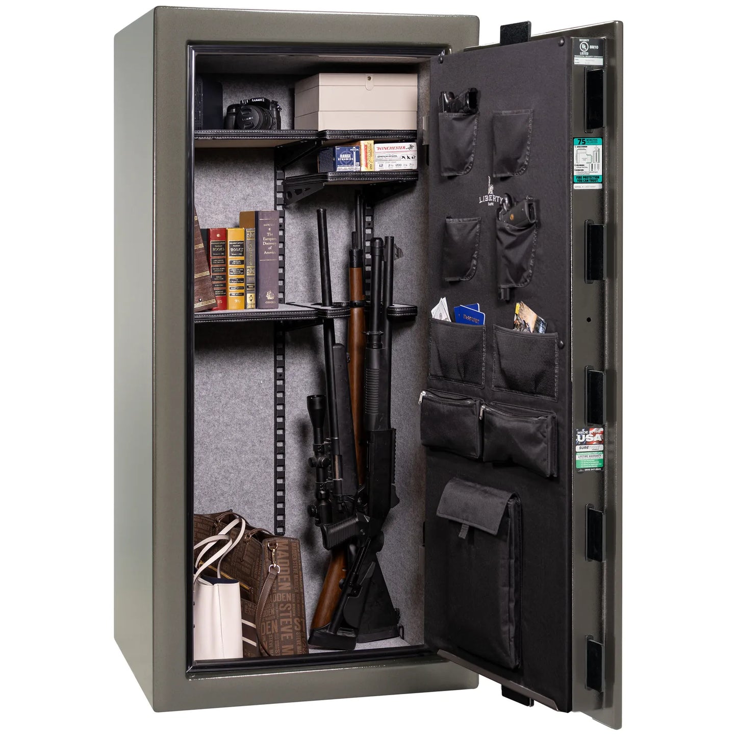 Liberty Colonial 23 gun safe in Gray Marble, Pro Flex interior - loaded