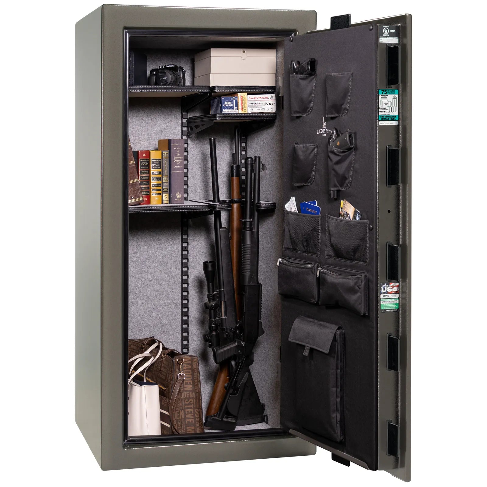 Liberty Colonial 23 gun safe in Gray Gloss, Pro Flex interior - loaded
