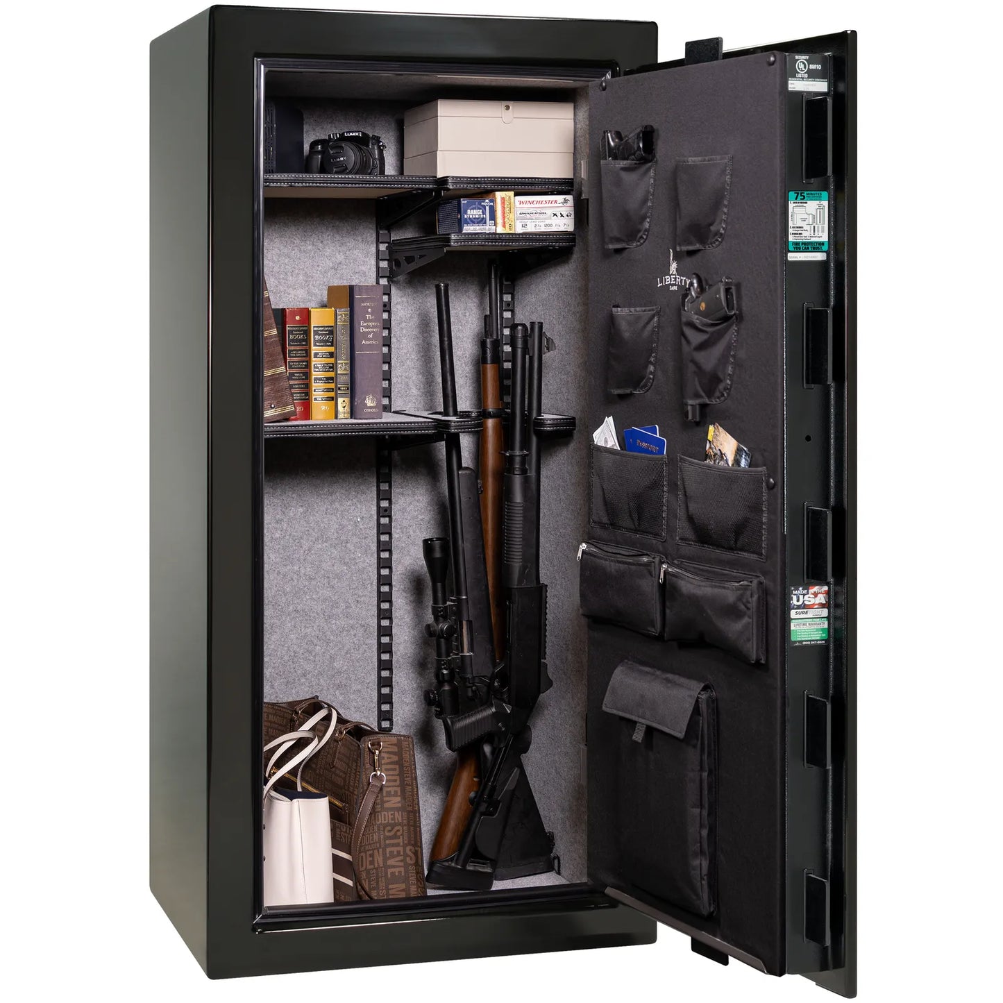 Liberty Colonial 23 gun safe in Black Gloss, Pro Flex interior - loaded